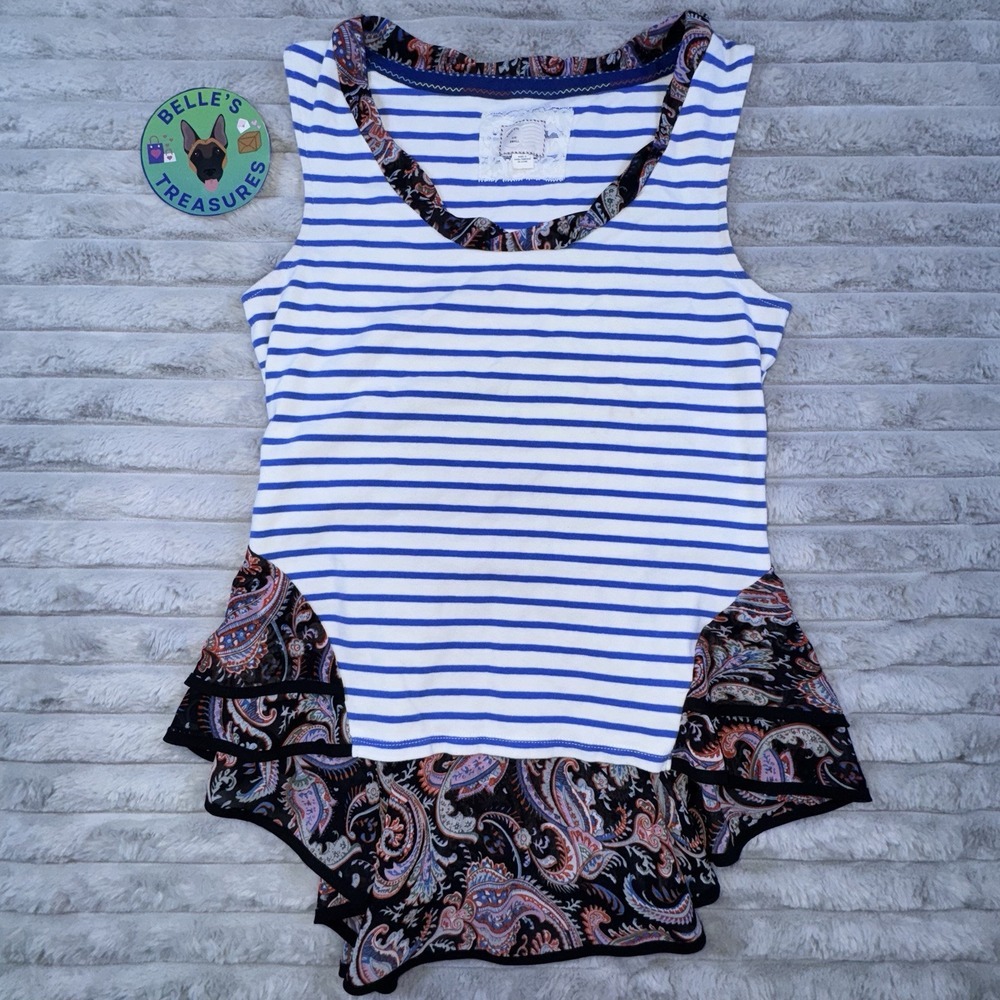 Anthropologie Post Mark Blue White Striped Paisley Women's Tank Top Size Small‎